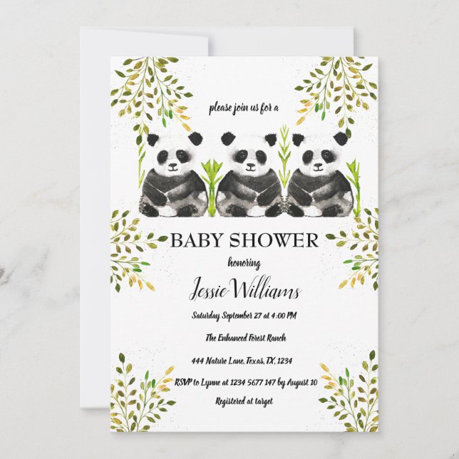 Panda Bear Triplets Baby Shower Greenery Nature Invitation (Front)