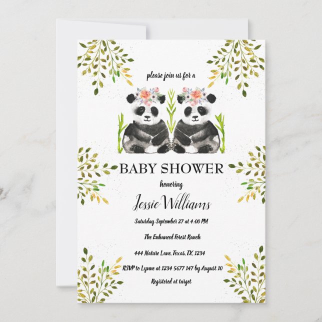 Panda Bear Twins Girl Baby Shower Greenery Nature Invitation (Front)