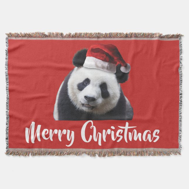 Panda Bear wearing a Santa Claus Hat Throw Blanket (Front)