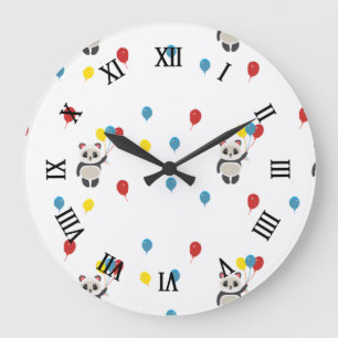 Panda bear with balloons white large clock