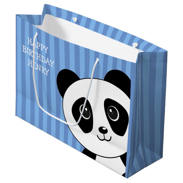 Panda Bear with Blue Stripes Birthday Large Gift Bag (Front Angled)