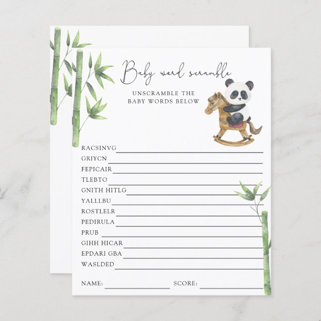 Panda Bear Word Scramble | Baby Shower Game (Front/Back)