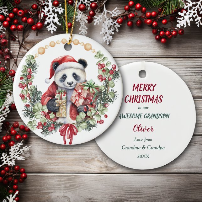 Panda Bear Wreath Grandson Christmas Ceramic Tree Decoration (Creator Uploaded)