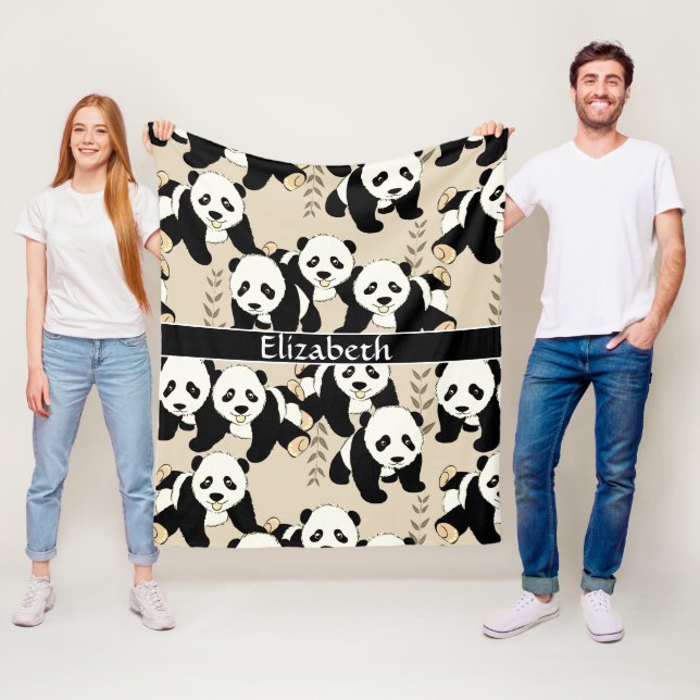 Panda Bears Graphic Personalise Larger Fleece Blanket (In Situ)