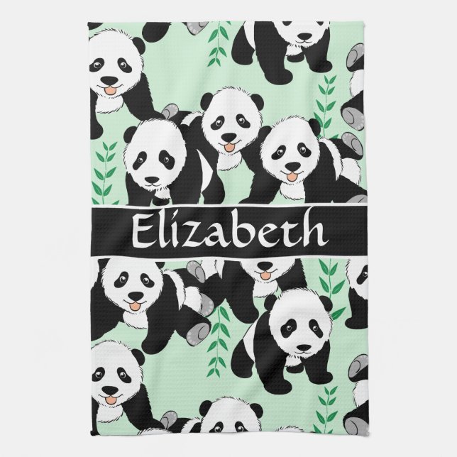 Panda Bears Graphic Personalise Tea Towel (Vertical)