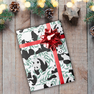 Panda Bears Green Bamboo White Pattern Wrapping Paper