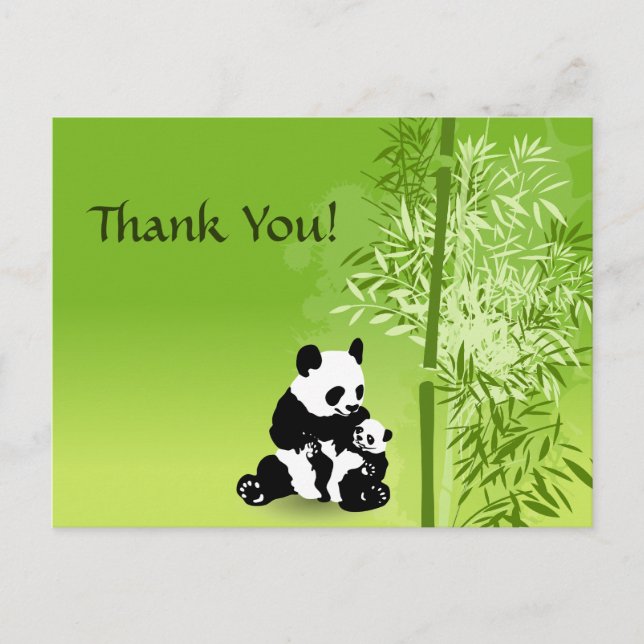 Panda Bears, Mum and Baby with Bamboo Thank You Postcard (Front)