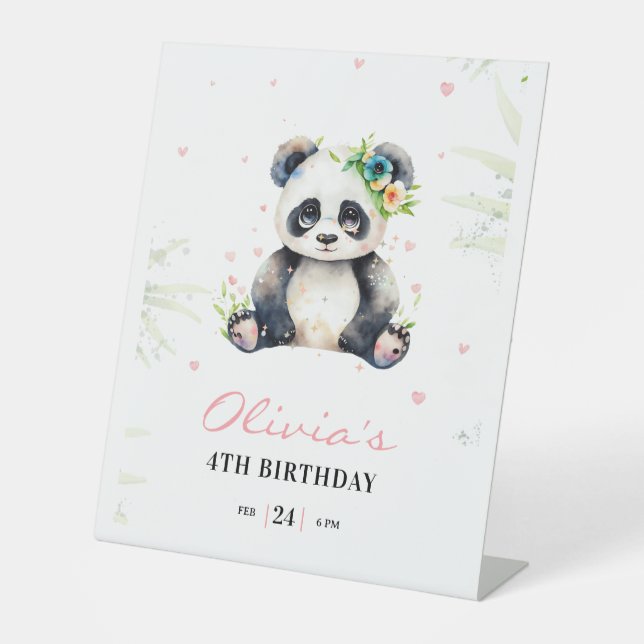 Panda Birthday Invitation, Panda Girl Birthday  Pedestal Sign (Front)