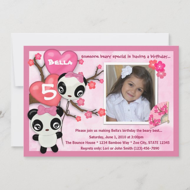 Panda birthday invitation pink black (photo) (Front)