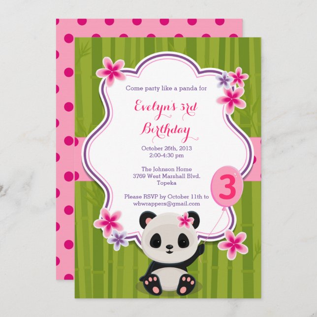 Panda Birthday Party Invitation - Pink and Purple (Front/Back)