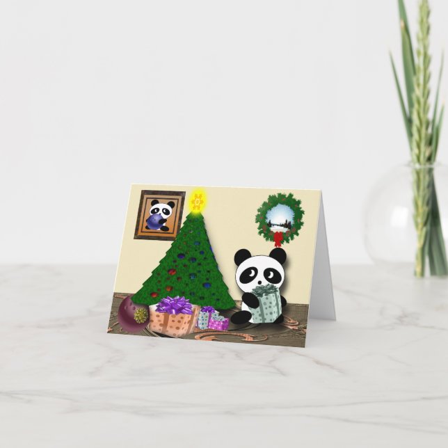 Panda bowling greetings holiday card (Front)