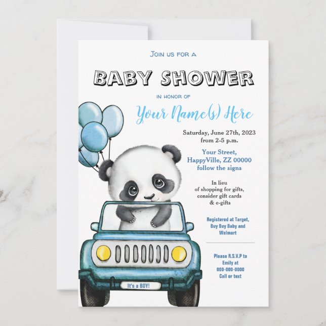 Panda Boy Baby Shower Car Invitation (Front)