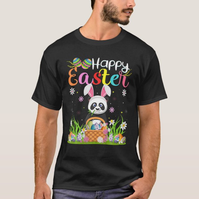 Panda Bunny Egg Hunting Funny Panda Happy Easter T-Shirt (Front)