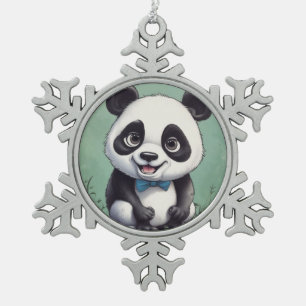 Panda Cartoon Drawing Art Snowflake Pewter Christmas Ornament