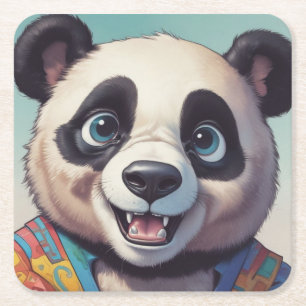 Panda Cartoon Drawing Art Square Paper Coaster