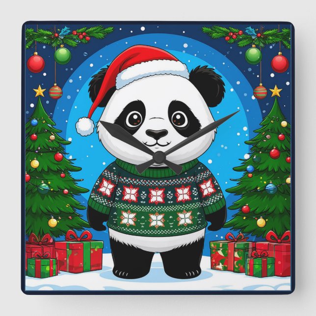 🐼 Panda Christmas Cheer Home Style 🎄 Square Wall Clock (Front)