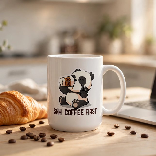 Panda Coffee First Sticker Mug (Shh. Coffee First 🐼☕️
Don't talk to me before my coffee. Cute panda mug for coffee lovers.)