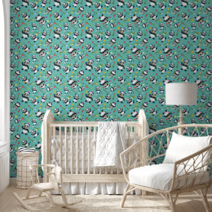 Panda colourful polka dot pattern teal background wallpaper