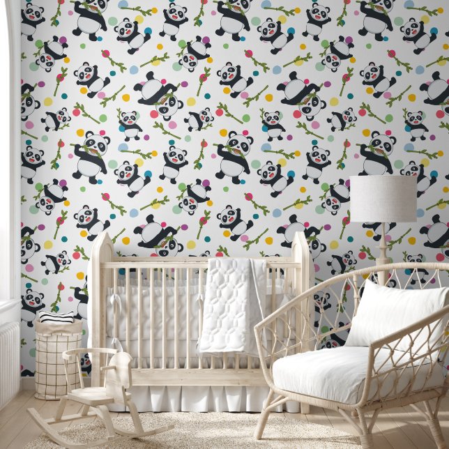 Panda colourful polka dot white peel and stick  wallpaper (Kids)
