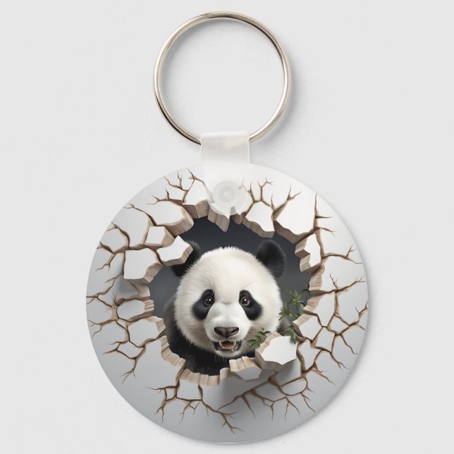 Panda Cracked Hole Art  Panda Smashed Wall 3D Key Ring (Front)