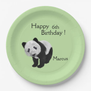 Panda Cub Green Birthday with name Paper Plate