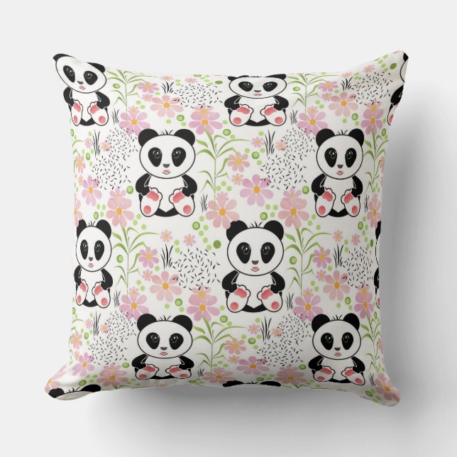 Panda cubflowers, pink, children's, cushion (Front)