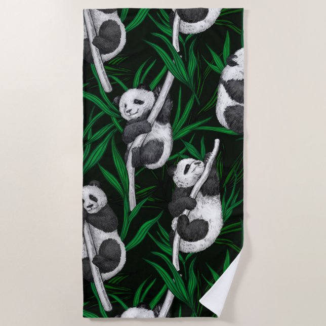 Panda cubs on dark green beach towel (Front)