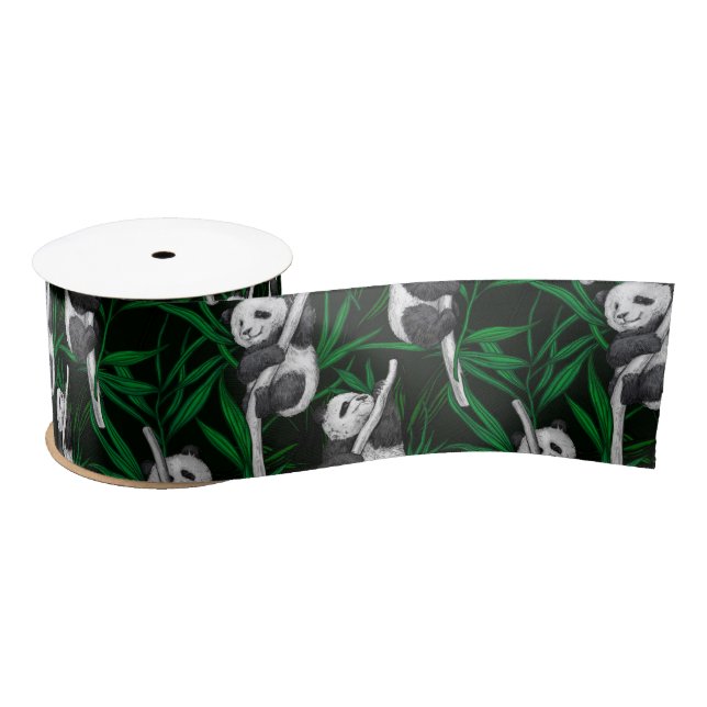 Panda cubs on dark green satin ribbon (Spool)