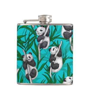 Panda cubs on turquoise hip flask