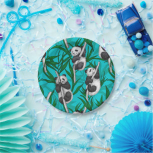 Panda cubs on turquoise paper plate