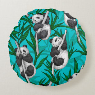 Panda cubs on turquoise round cushion