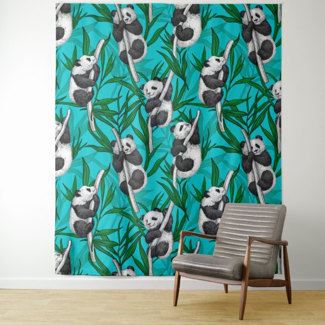 Panda cubs on turquoise tapestry (In Situ)