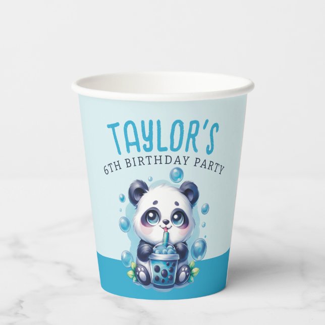 Panda Drinking Blue Boba Bubble Tea Birthday Party Paper Cups (Back)