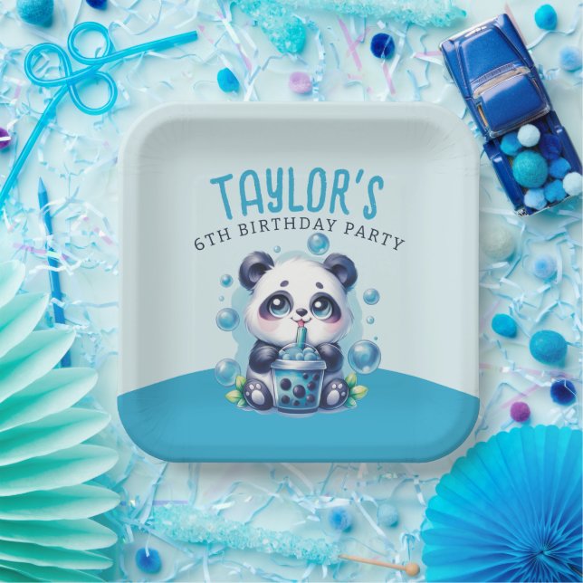 Panda Drinking Blue Boba Bubble Tea Birthday Party Paper Plate (Party)