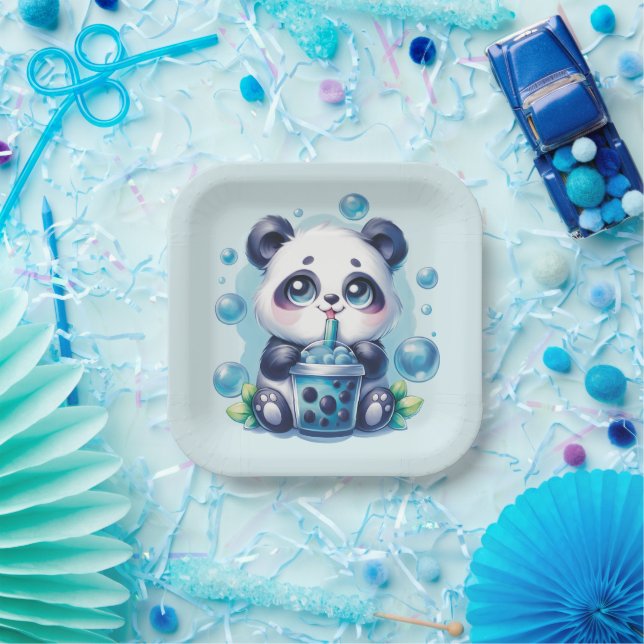 Panda Drinking Blue Boba Bubble Tea Paper Plate (Party)