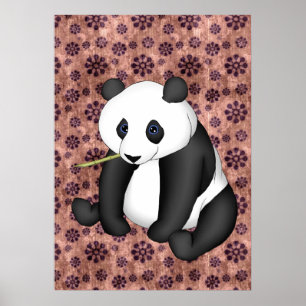 Panda Eating Bamboo On Vintage Background Poster