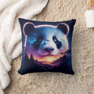 Panda Face with Surreal Forest and Sunset Cushion
