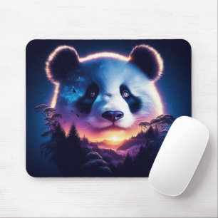 Panda Face with Surreal Forest and Sunset Mouse Pad