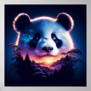 Panda Face with Surreal Forest and Sunset  Poster