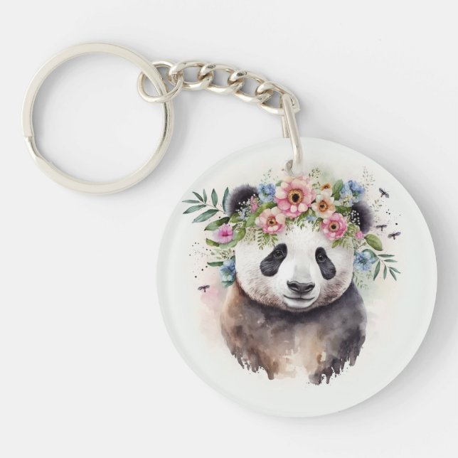 Panda Flowers Watercolor              Key Ring (Front)