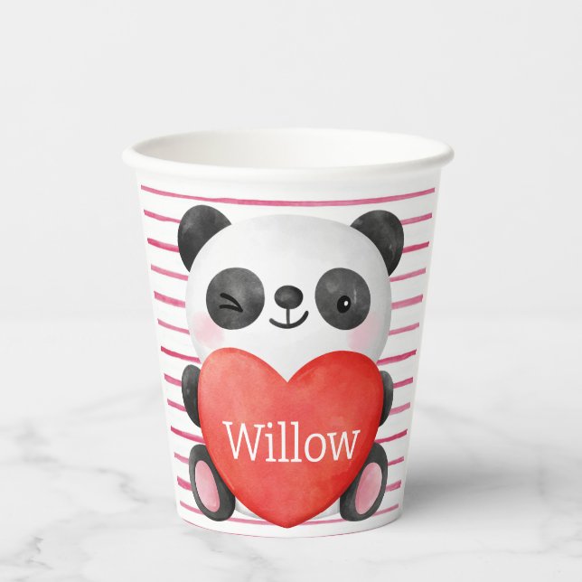 Panda Girl with Hearts Valentine Birthday  Paper Cups (Front)