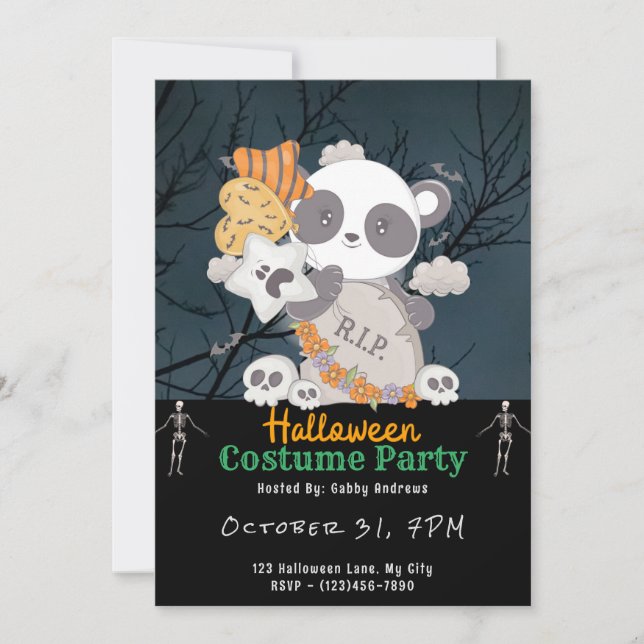 Panda Grave RIP Bats Clouds Black Halloween Invitation (Front)