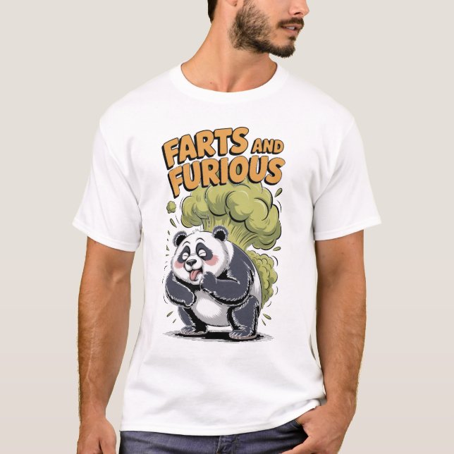 Panda has Fun making Fart on a Black T-Shirt (Front)
