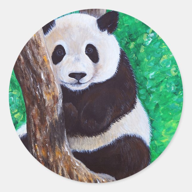 Panda in a Tree Painting Classic Round Sticker (Front)