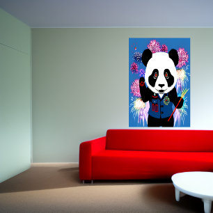 Panda in uniform and firework   AI Art Poster