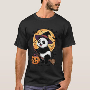 Panda in Witch Hat on a Broom Halloween Spooky Cos T-Shirt