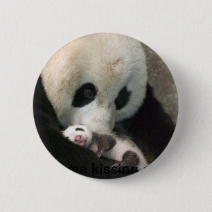 Panda kissing cub 6 cm round badge