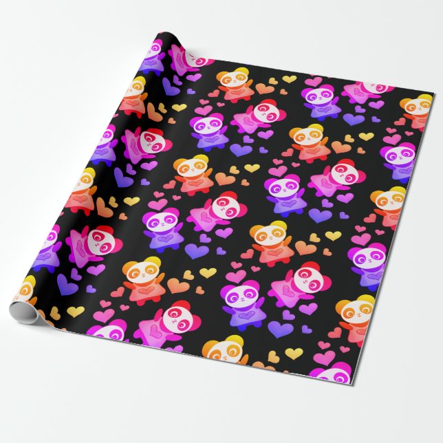 Panda Love Cosmic Space Rainbow Heart Wrapping Paper (Unrolled)