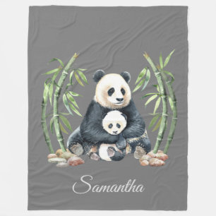 Panda Mama and Baby Personalised Grey Fleece Blanket