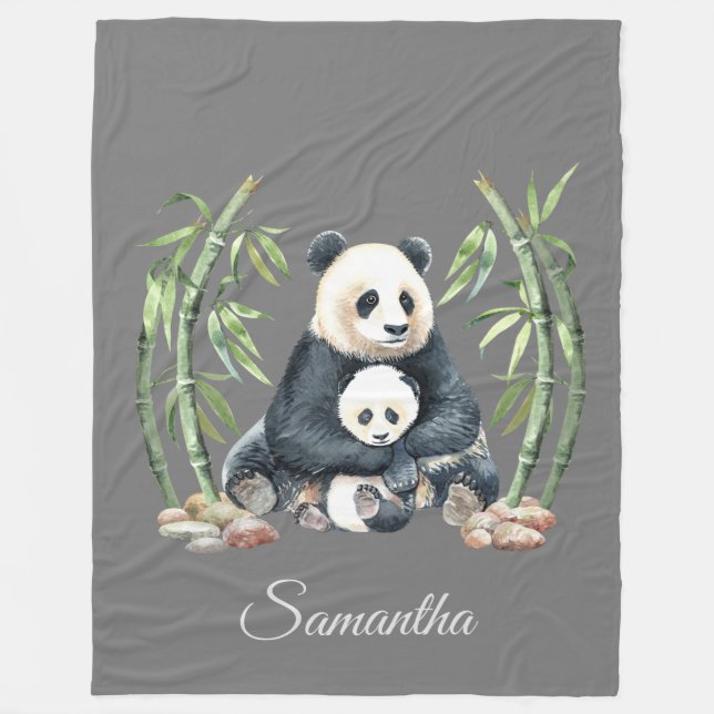 Panda Mama and Baby Personalised Grey Fleece Blanket (Front)